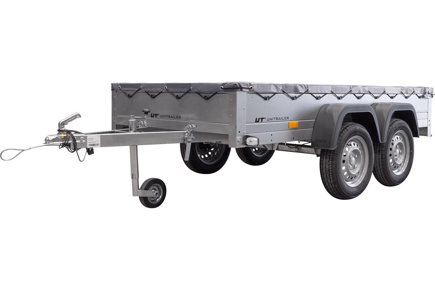 Tandem-PKW-Anhänger UNITRAILER 264/2 KIPP mit Stützrad, Planenstützbügel und grauer Flachplane