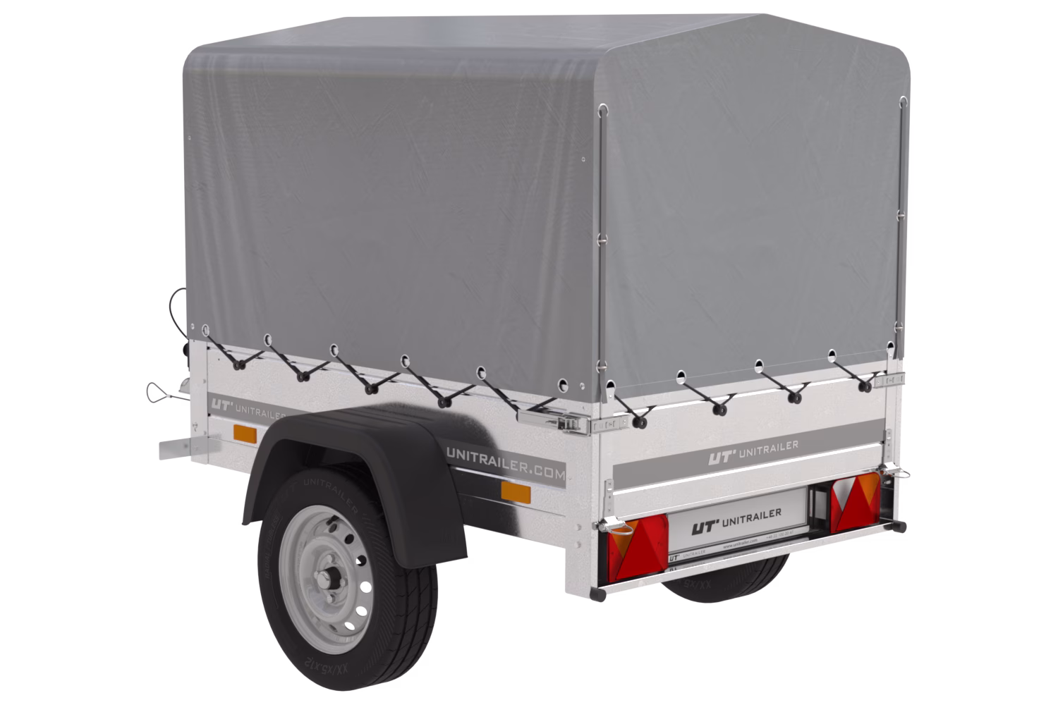 PKW-Anhänger 150 × 106 cm, 1 Achse, mit Hochplane und Spriegel, 500 kg zGG – UNITRAILER Garden Trailer 150 KIPP [inkl. Stützrad]