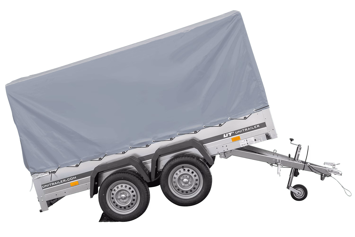 Tandemanhänger 264 × 150 cm UNITRAILER GARDEN 265/2 KIPP mit H-1100 Hochplanengestell und grauer Hochplane