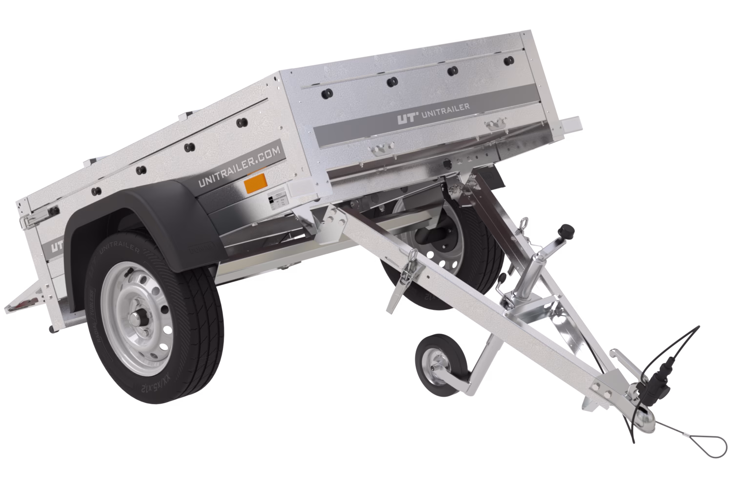 Kleiner PKW-Anhänger UNITRAILER Garden Trailer 150 KIPP mit Flachplane, Stützrad und Planenstützbügeln