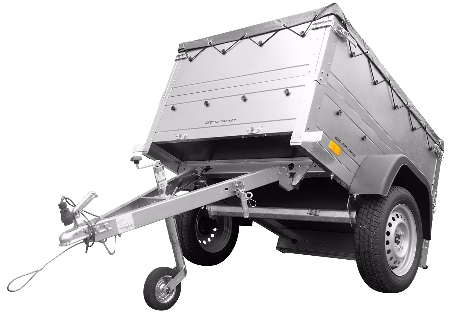 Kleine kippbare PKW-Anhänger UNITRAILER Garden Trailer 150 KIPP mit Bordwanderhöhungen, Stützrad und grauer Flachplane